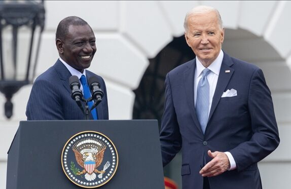 President Joe Biden shakes hands with President of Kenya William Ruto during the arrival ceremony for his state visit to the United States on the South Lawn of the White House in Washington, DC on May 23, 2024.